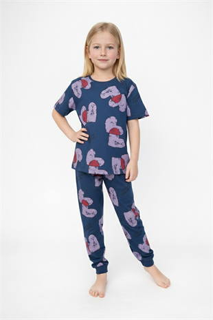 Kız Çocuk Kalp Desenli %100 Pamuk Reaktif Boyalı Süprem Kumaş Kısa Kollu Pijama Takımı