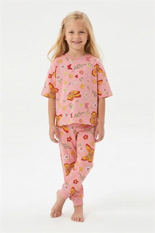 Kız Çocuk Kelebek ve Çiçek Desenli %100 Pamuk Süprem Kumaş Kısa Kollu Pijama Takımı