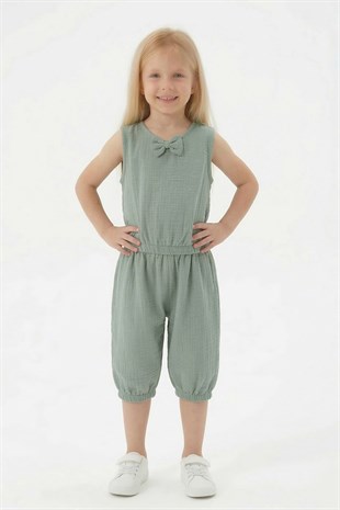 Kız Çocuk Kolsuz V Yaka Fiyonk Detaylı Şalvar Kesim Rahat Yazlık Takım