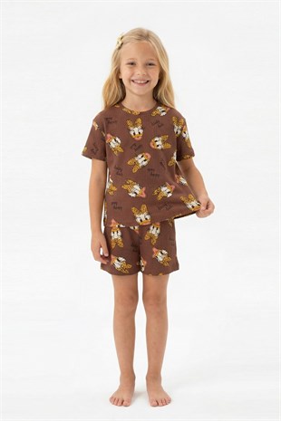 Kız Çocuk Leopar Fiyonk Detaylı %100 Pamuk İnterlok Kumaş Kısa Kollu Şortlu Pijama Takımı
