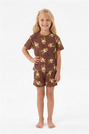 Kız Çocuk Leopar Fiyonk Detaylı %100 Pamuk İnterlok Kumaş Kısa Kollu Şortlu Pijama Takımı