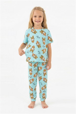 Kız Çocuk Ördek Figürlü ve Leopar Fiyonk Desenli %100 Pamuk İnterlok Kumaş Kısa Kollu Pijama Takımı