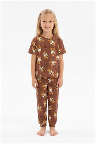 Kız Çocuk Ördek Figürlü ve Leopar Fiyonk Desenli %100 Pamuk İnterlok Kumaş Kısa Kollu Pijama Takımı