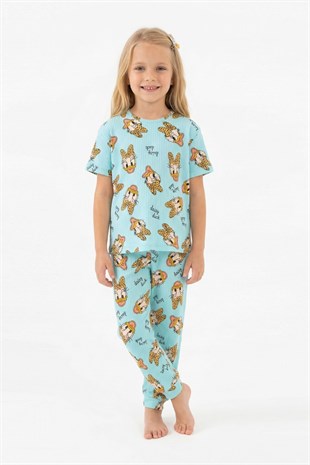 Kız Çocuk Ördek Figürlü ve Leopar Fiyonk Desenli %100 Pamuk İnterlok Kumaş Kısa Kollu Pijama Takımı