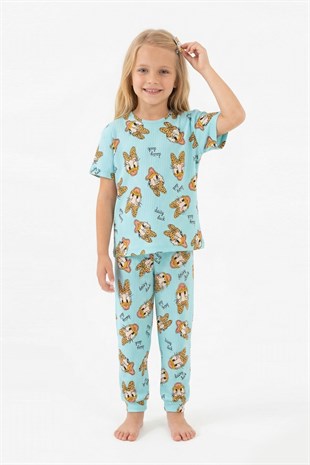 Kız Çocuk Ördek Figürlü ve Leopar Fiyonk Desenli %100 Pamuk İnterlok Kumaş Kısa Kollu Pijama Takımı
