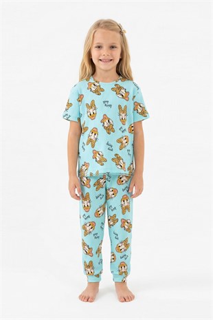 Kız Çocuk Ördek Figürlü ve Leopar Fiyonk Desenli %100 Pamuk İnterlok Kumaş Kısa Kollu Pijama Takımı
