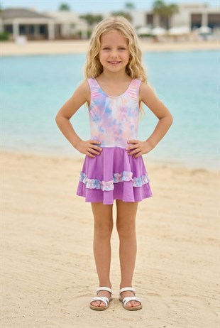 Kız Çocuk Polyester + Elastan Batik Desenli ve Fırfır Detaylı Etekli Kalın Askılı Şık Tasarım Yüzücü Mayosu
