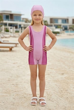Kız Çocuk Polyester + Elastan Renk Geçişli Bone Hediyeli Yarım Şortlu Profesyonel Yüzücü Mayosu