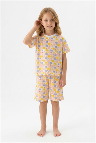 Kız Çocuk Renkli Damalı ve Çiçek Desenli %100 Pamuk Süprem Kumaş Kısa Kollu Pijama Takımı