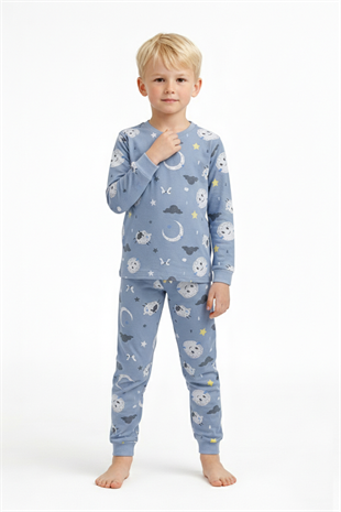 Üniseks Çocuk Ay Ve Yıldız Desenli %100 Pamuk Reaktif Boyalı Süprem Kumaş Uzun Kollu Pijama Takımı