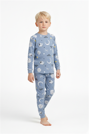 Üniseks Çocuk Ay Ve Yıldız Desenli %100 Pamuk Reaktif Boyalı Süprem Kumaş Uzun Kollu Pijama Takımı