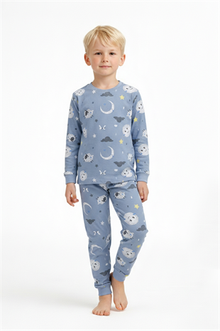 Üniseks Çocuk Ay Ve Yıldız Desenli %100 Pamuk Reaktif Boyalı Süprem Kumaş Uzun Kollu Pijama Takımı