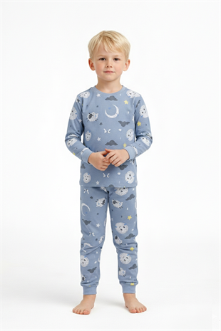 Üniseks Çocuk Ay Ve Yıldız Desenli %100 Pamuk Reaktif Boyalı Süprem Kumaş Uzun Kollu Pijama Takımı