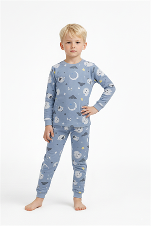 Üniseks Çocuk Ay Ve Yıldız Desenli %100 Pamuk Reaktif Boyalı Süprem Kumaş Uzun Kollu Pijama Takımı