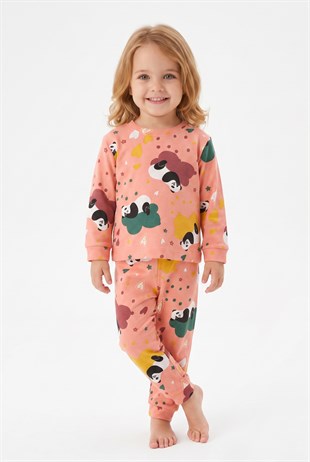 Unisex Panda ve Kalp Desenli %100 Pamuk Reaktif Boyama İnterlok Kumaş Uzun Kollu Pijama Takımı