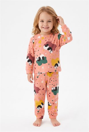 Unisex Panda ve Kalp Desenli %100 Pamuk Reaktif Boyama İnterlok Kumaş Uzun Kollu Pijama Takımı