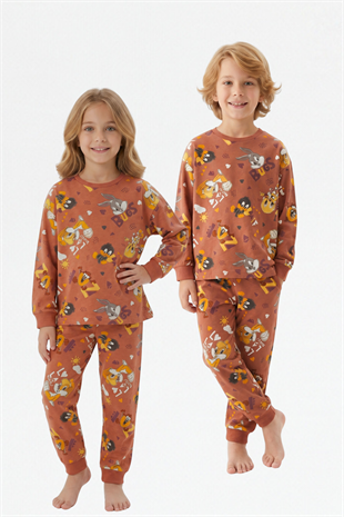 Unisex Tavşan Ve Ördek Desenli %100 Pamuk Reaktif Boyalı Süprem Kumaş Uzun Kollu Pijama Takımı