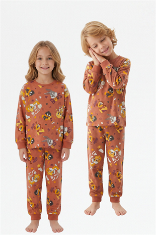 Unisex Tavşan Ve Ördek Desenli %100 Pamuk Reaktif Boyalı Süprem Kumaş Uzun Kollu Pijama Takımı