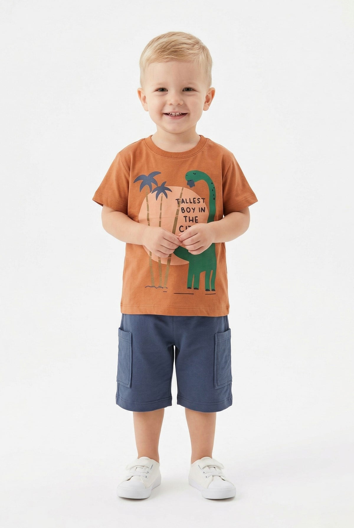 Bebek Dinozor Baskılı %100 Cotton Süprem Kumaş Kısa Kollu Tişört Ve Şortlu Takım