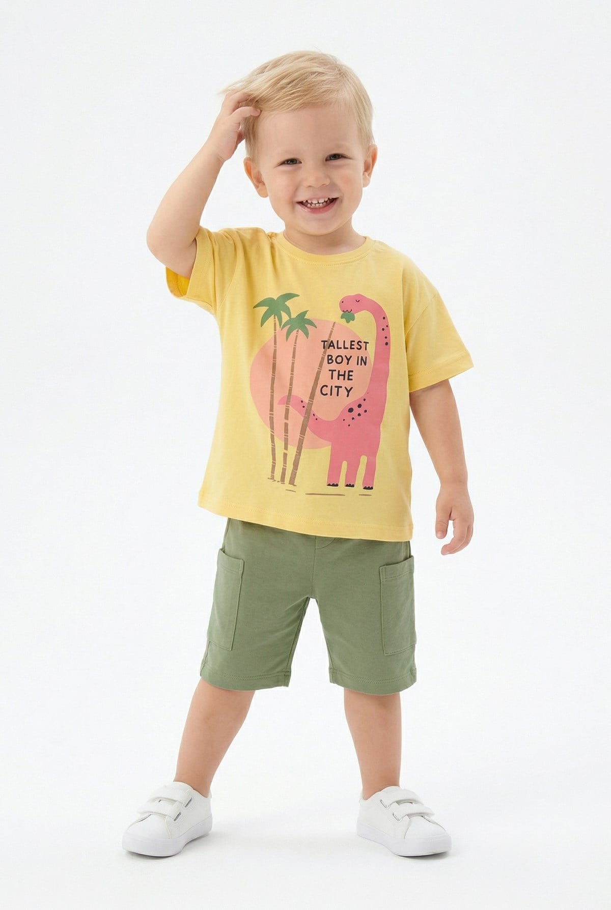 Bebek Dinozor Baskılı %100 Cotton Süprem Kumaş Kısa Kollu Tişört Ve Şortlu Takım