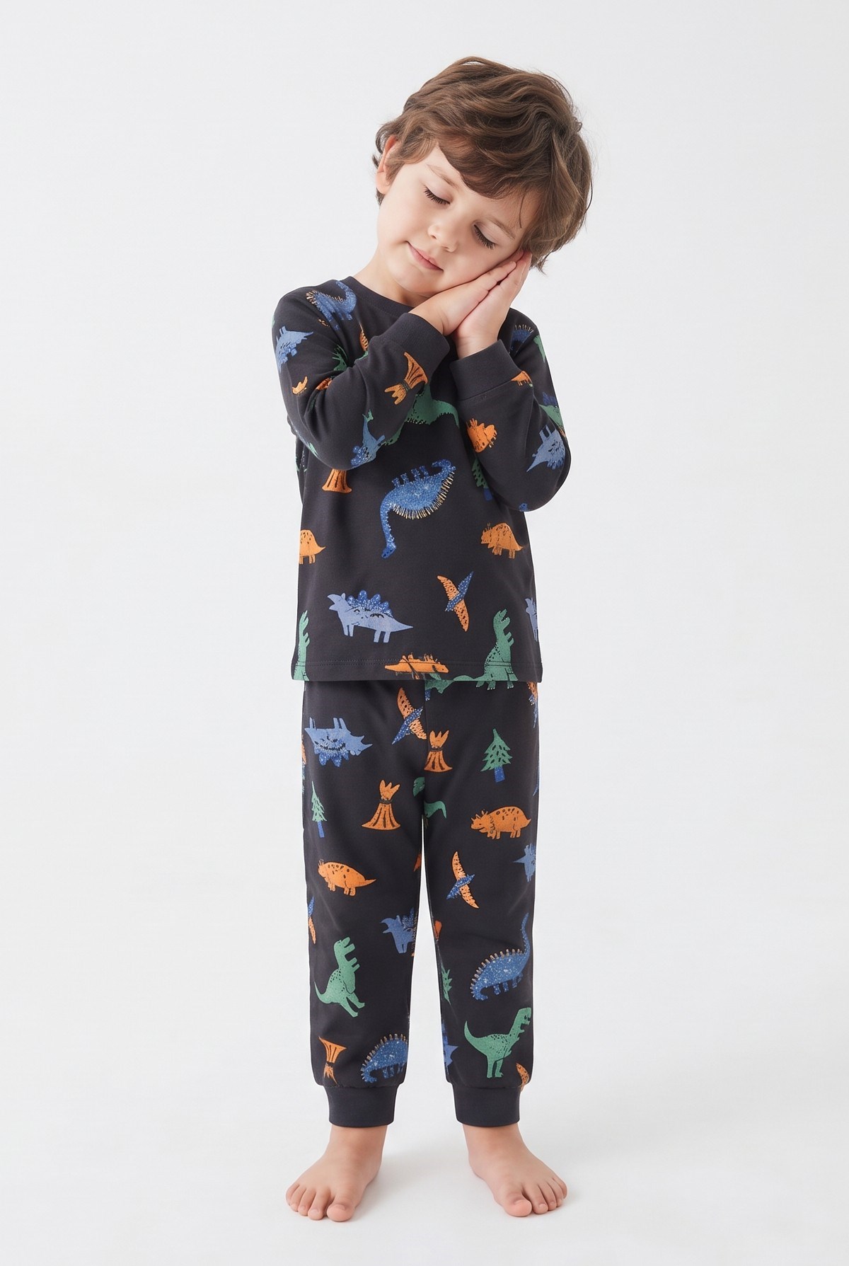 Erkek Bebek Dinozor Desenli %100 Pamuk Süprem Kumaş Reaktif Boyama Uzun Kollu Pijama Takımı