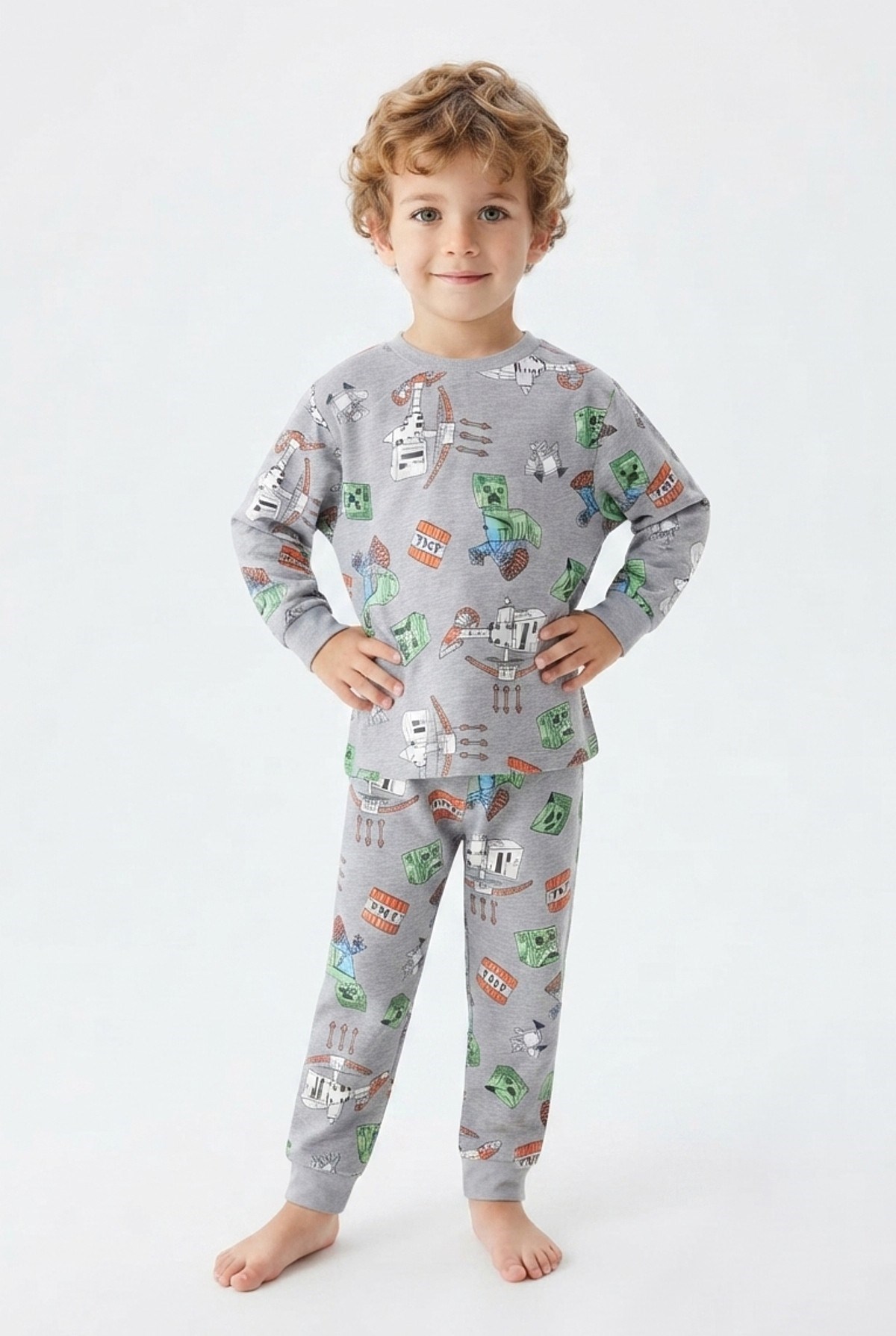 Erkek Bebek Karakter Baskılı %100 Pamuk Süprem Kumaş Reaktif Boyama Uzun Kollu Pijama Takımı
