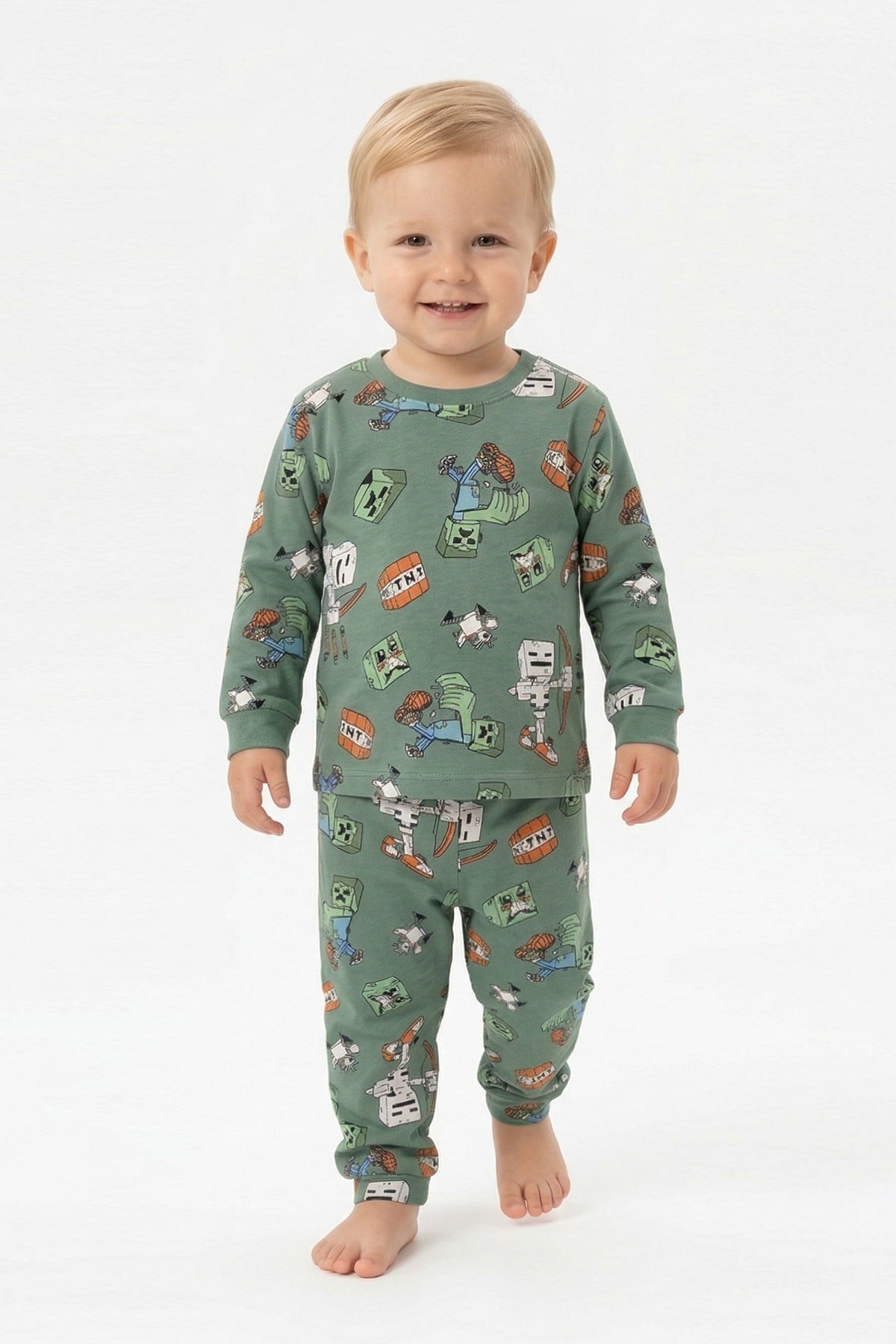 Erkek Bebek Oyun Karakterleri Baskılı %100 Pamuk Süprem Kumaş Uzun Kollu Pijama Takımı