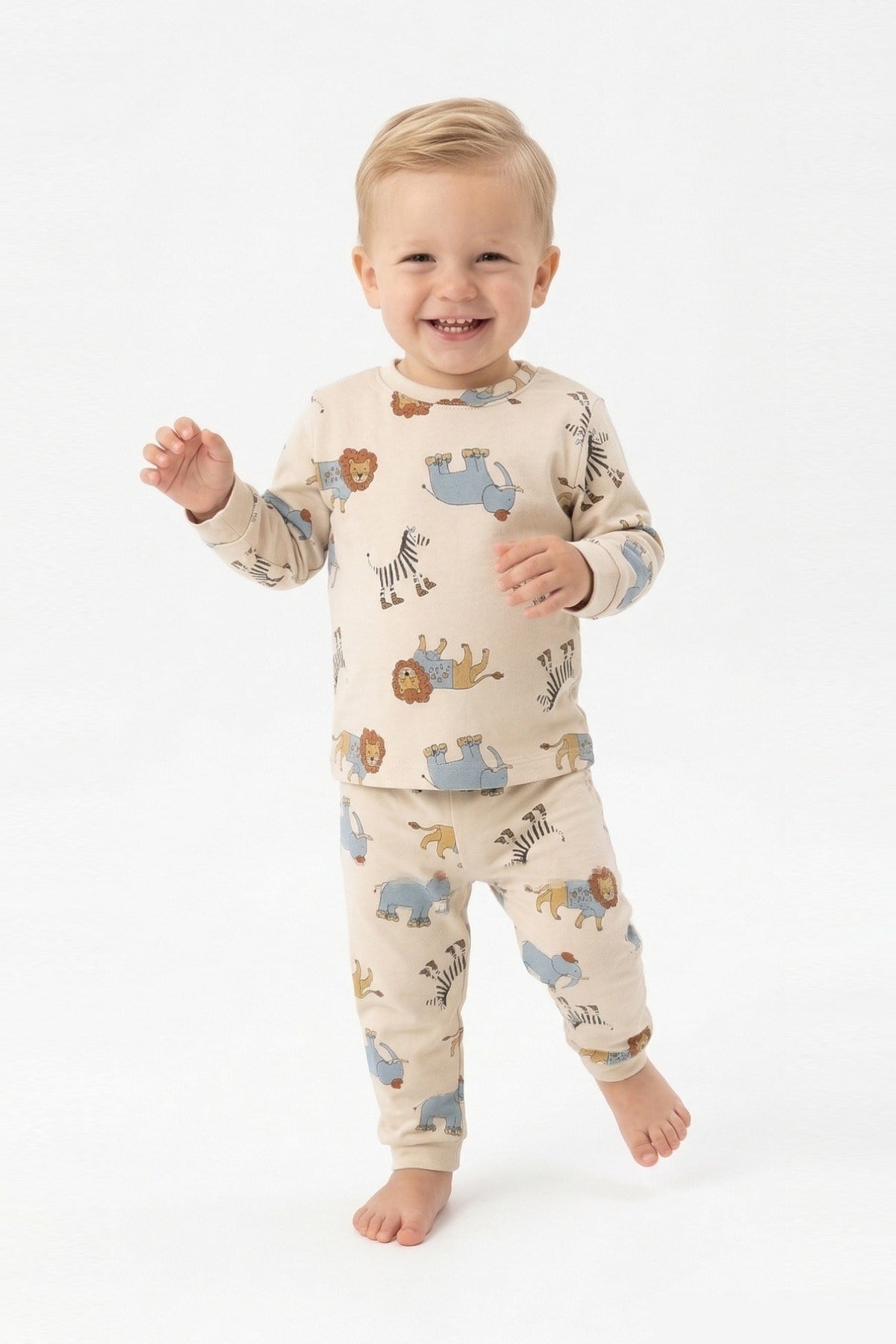 Erkek Bebek Safari Hayvanları Baskılı  %100 Pamuk Süprem Kumaş Uzun Kollu Pijama Takımı