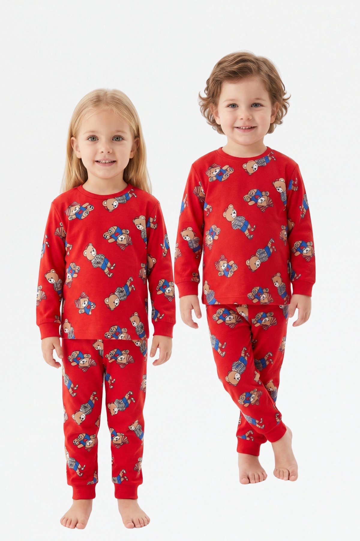 Erkek Bebek Sevimli Ayıcık Desenli %100 Pamuk Reaktif Boyama Süprem Kumaş Uzun Kollu Pijama Takımı