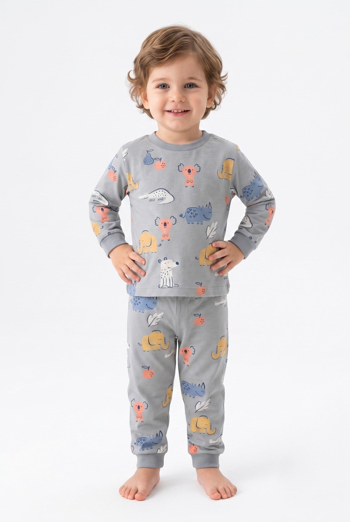 Erkek Bebek Sevimli Hayvan Desenli %100 Pamuk Reaktif Boyama Süprem Kumaş Uzun Kollu Pijama Takımı