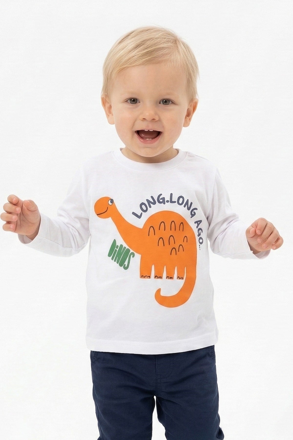 Erkek Bebek Turuncu Dinozor Baskılı Uzun Kollu Bisiklet Yaka Sweatshirt Tişört