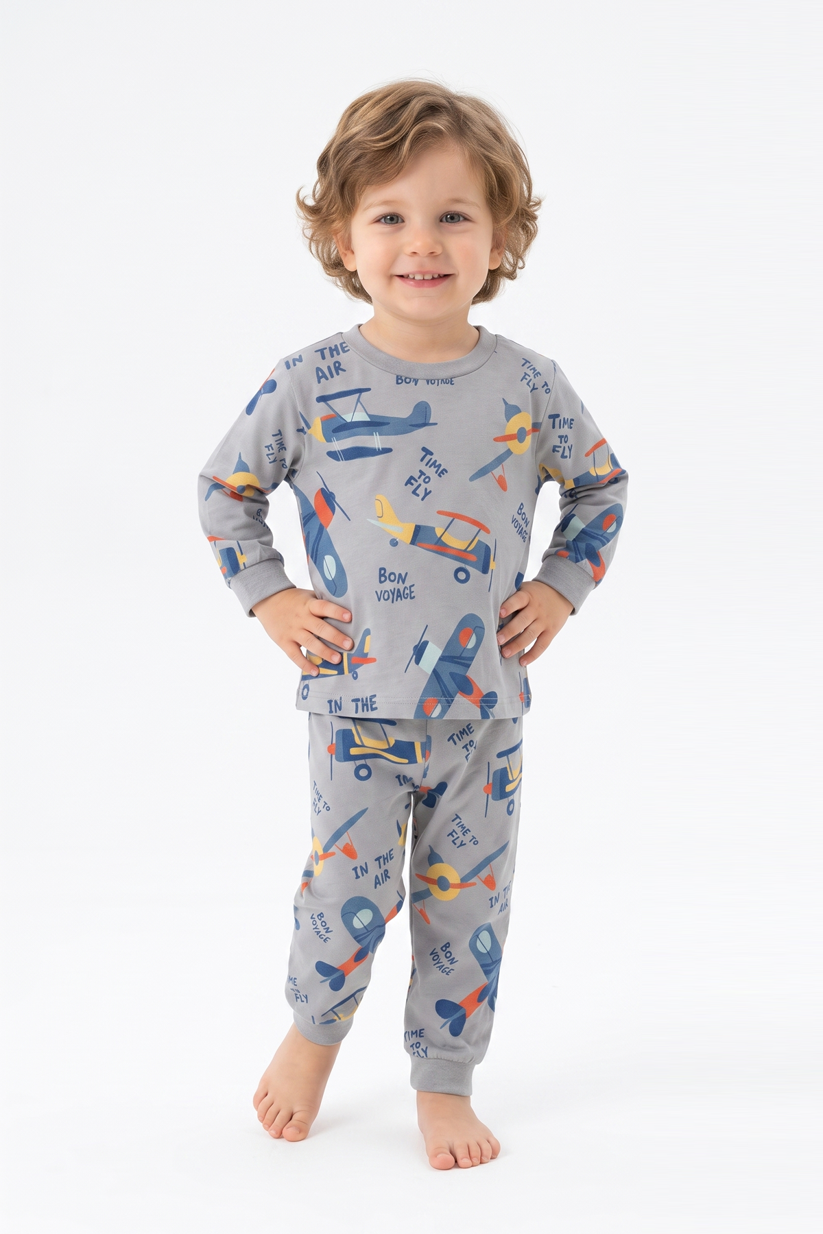 Erkek Bebek Uçak  Baskılı %100 Pamuk Süprem Kumaş Reaktif Boyama Uzun Kollu Pijama Takımı
