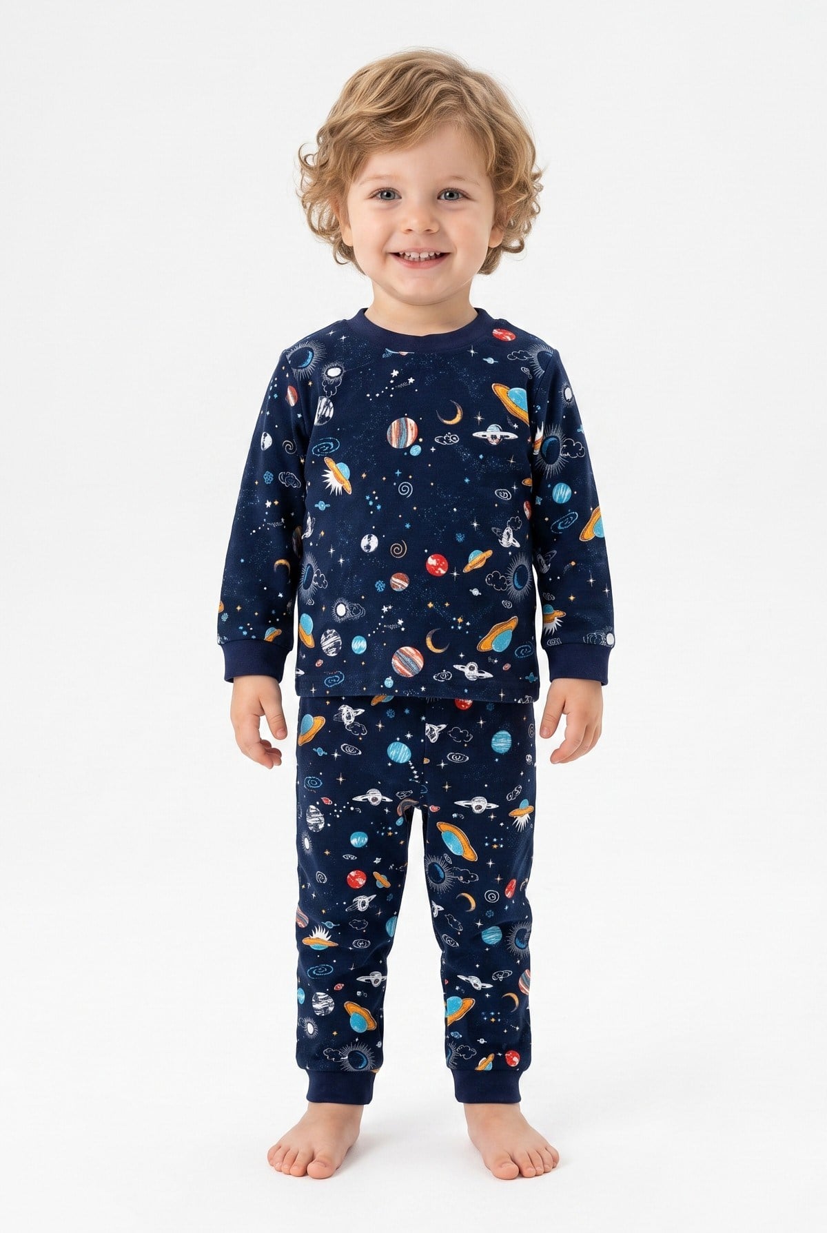 Erkek Bebek Uzay Ve Astronot Baskılı %100 Pamuk Süprem Kumaş Reaktif Boyama Uzun Kollu Pijama Takımı