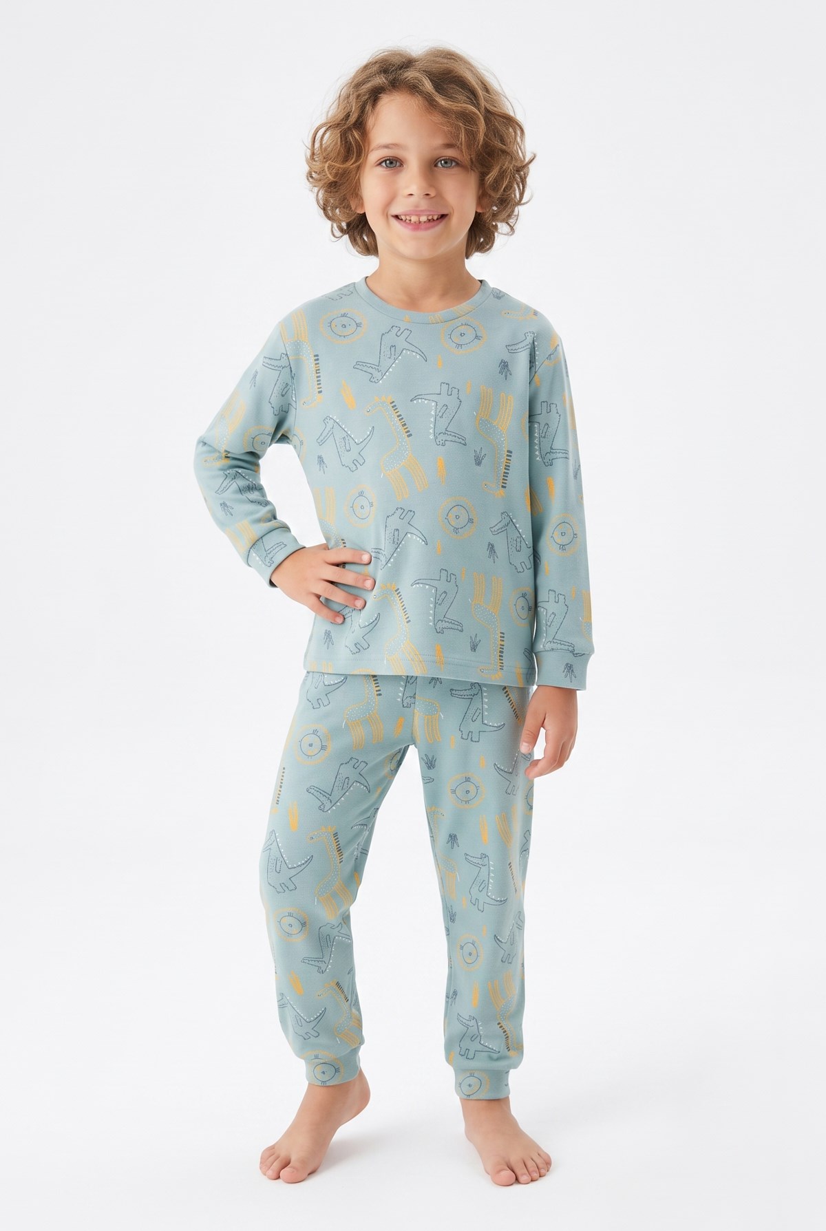 Erkek Çocuk Aslan Ve Timsah Baskılı %100 Pamuk İnterlok Kumaş Uzun Kollu Pijama Takımı