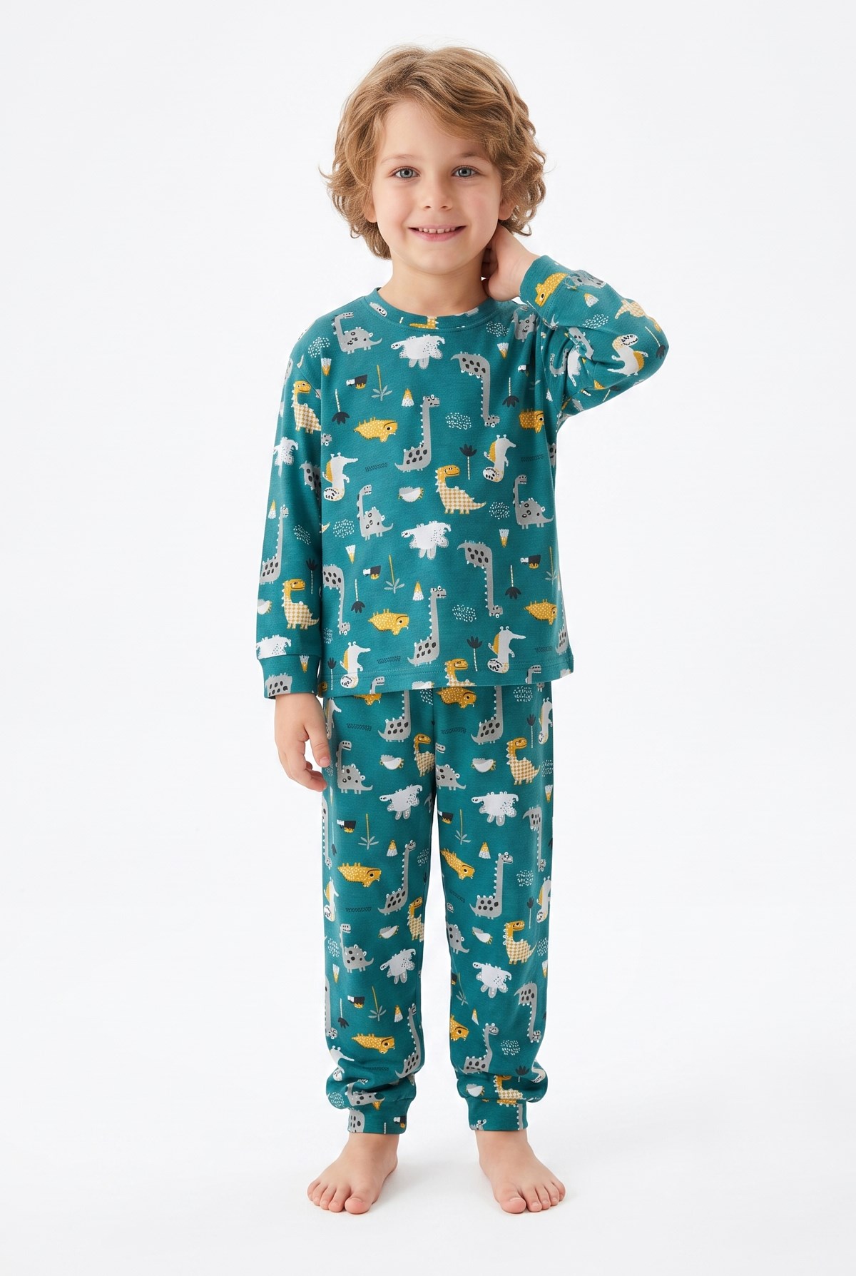 Erkek Çocuk Dinozor Desenli %100 Pamuk Reaktif Boyama İnterlok Kumaşş Uzun Kollu Pijama Takımı