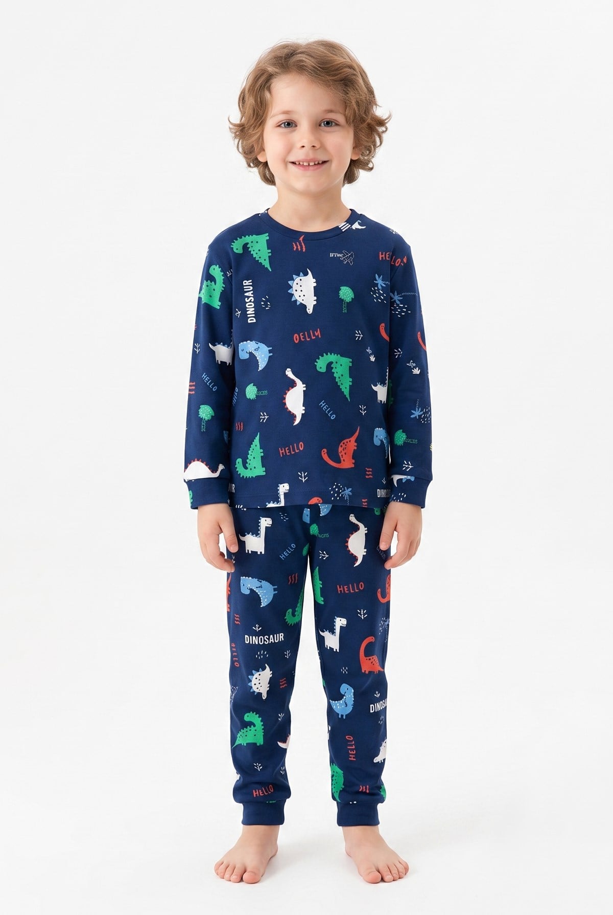 Erkek Çocuk Dinozor Desenli %100 Pamuk Reaktif Boyalı İnterlok Kumaş Uzun Kollu Pijama Takımı