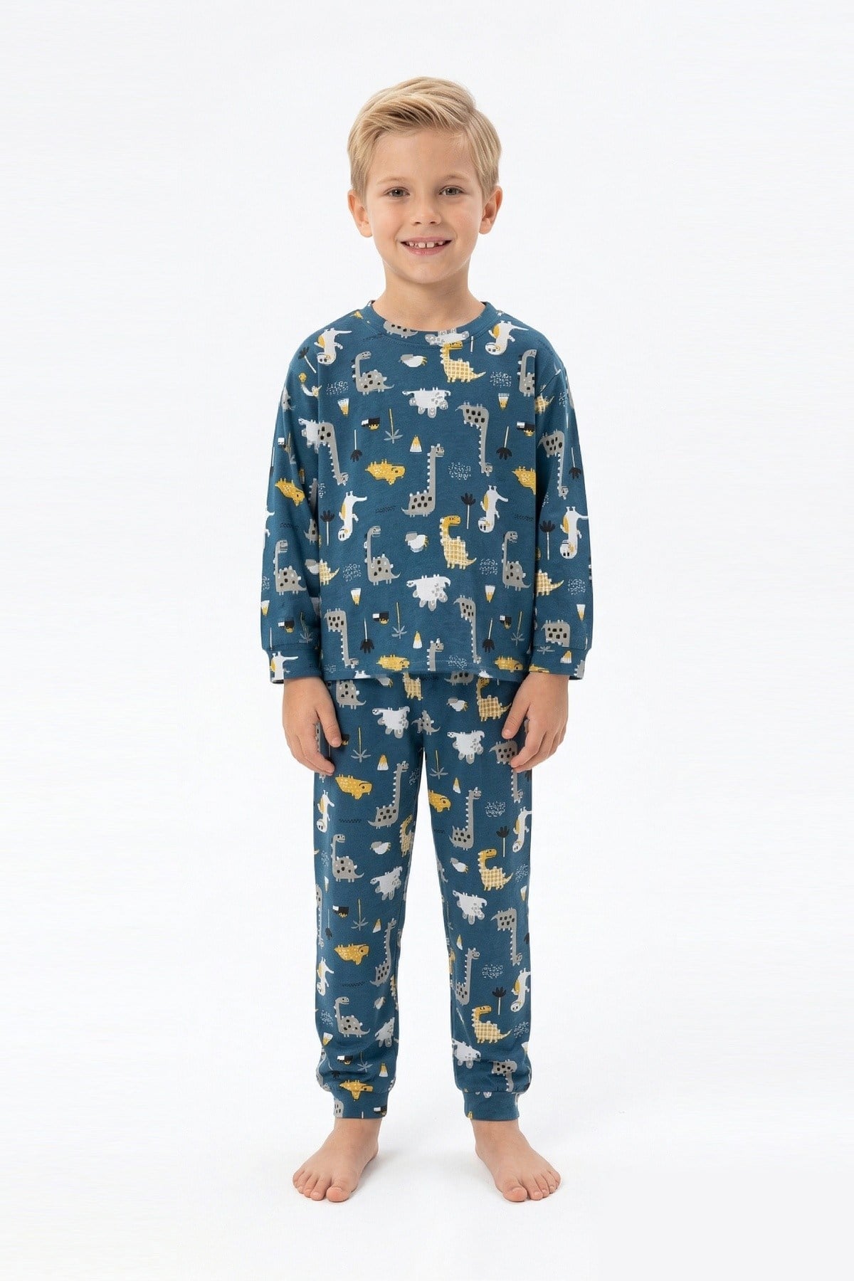 Erkek Çocuk Dinozor Desenli %100 Pamuk Süprem Kumaş Uzun Kollu Pijama Takımı