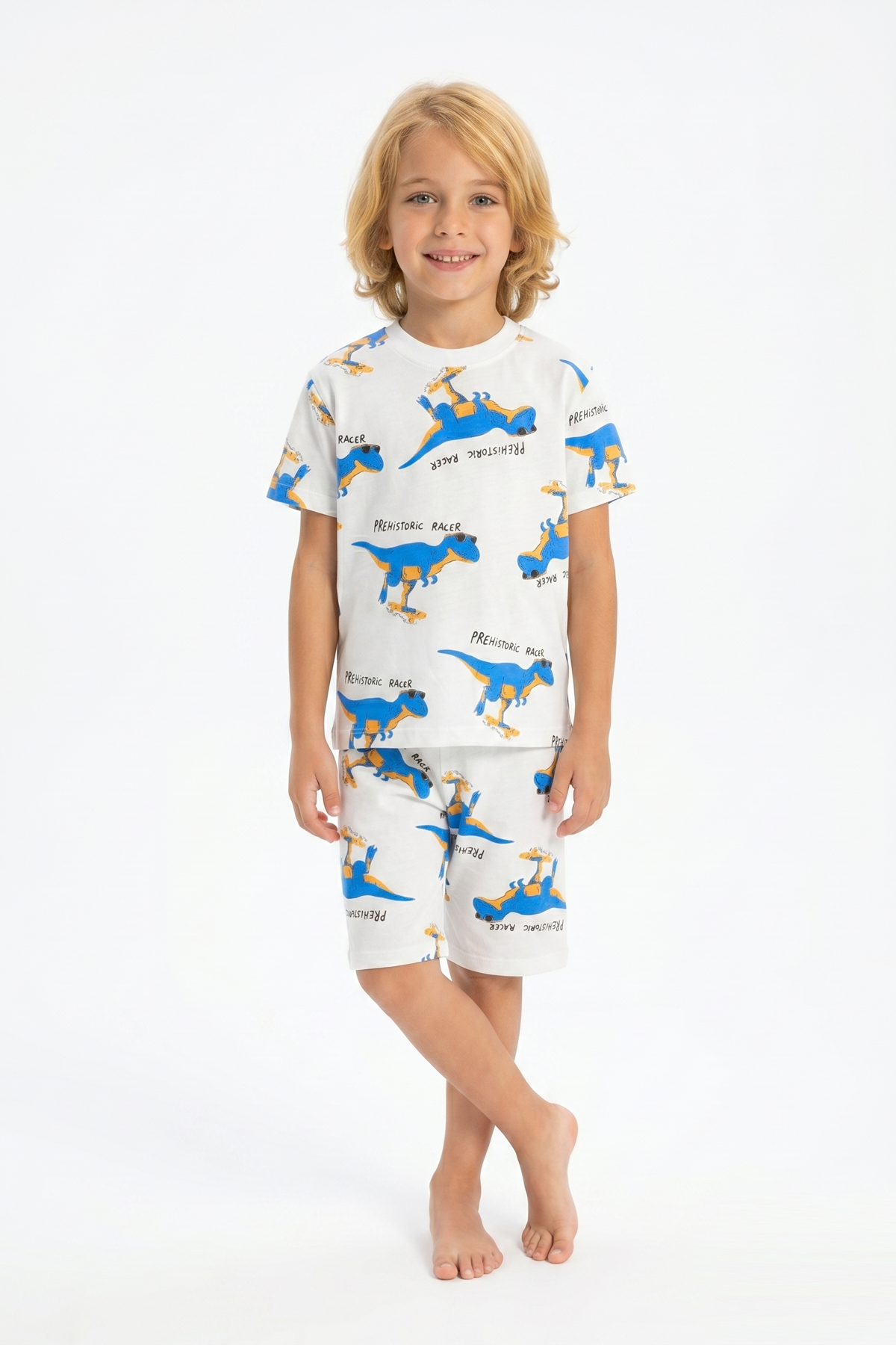 Erkek Çocuk Dinozor Desenli %100 Pamuk Süprem Kumaş Kısa Kollu Şortlu Pijama Takımı