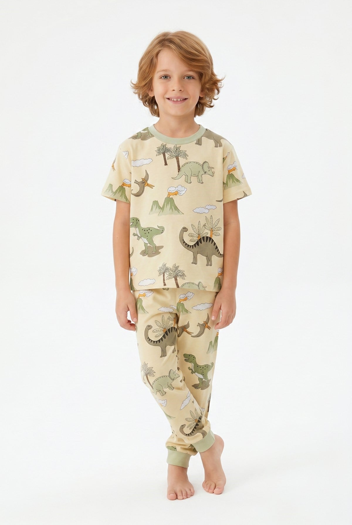 Erkek Çocuk Dinozor Desenli %100 Pamuk Süprem Kumaş Kısa Kollu Pijama