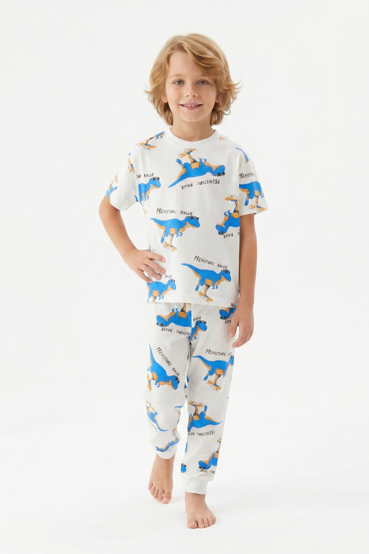 Erkek Çocuk Dinozor Desenli %100 Pamuk Süprem Kumaş Kısa Kollu  Pijama Takımı