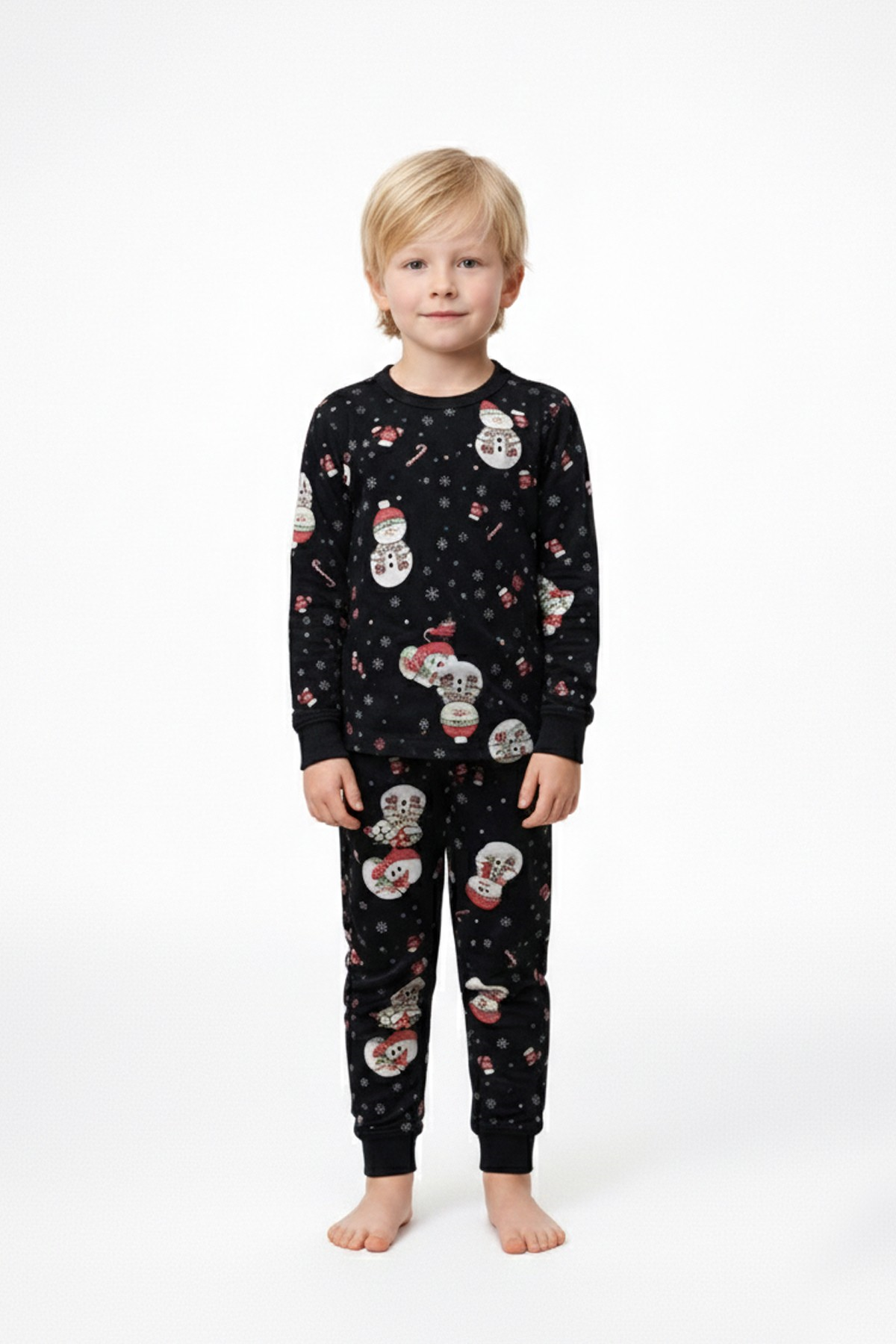 Erkek Çocuk Kardan Adam Desenli Yılbaşı Temalı %100 Pamuk Reaktif Boyalı Süprem Kumaş Uzun Kollu Pijama Takımı