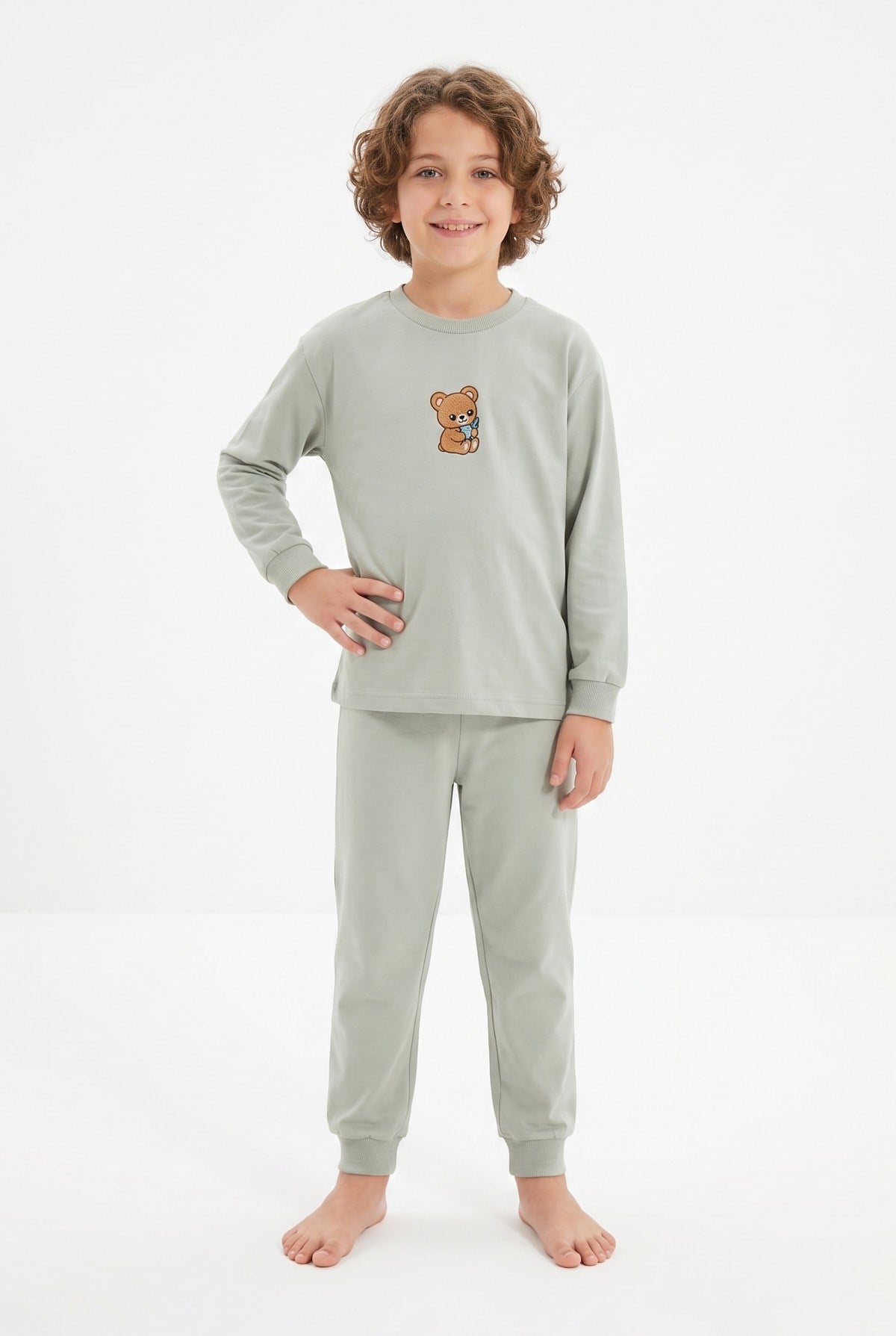 Erkek Çocuk Sevimli Ayıcık Baskılı %100 Pamuk Süprem Kumaş Düz Uzun Kollu Pijama Takımı