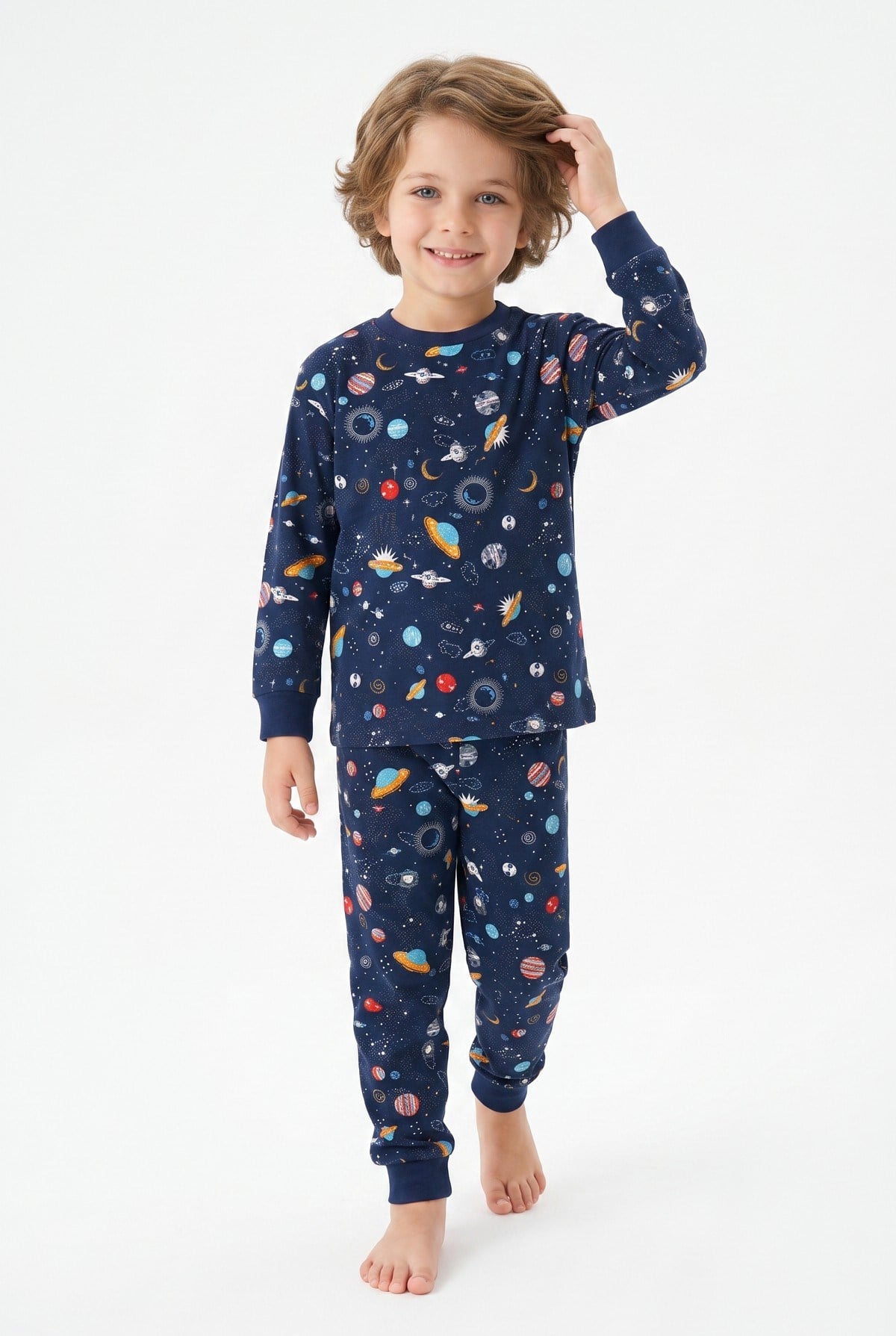 Erkek Çocuk Uzay Ve Astronot Baskılı %100 Pamuk Süprem Kumaş Reaktif Boyama Uzun Kollu Pijama Takımı