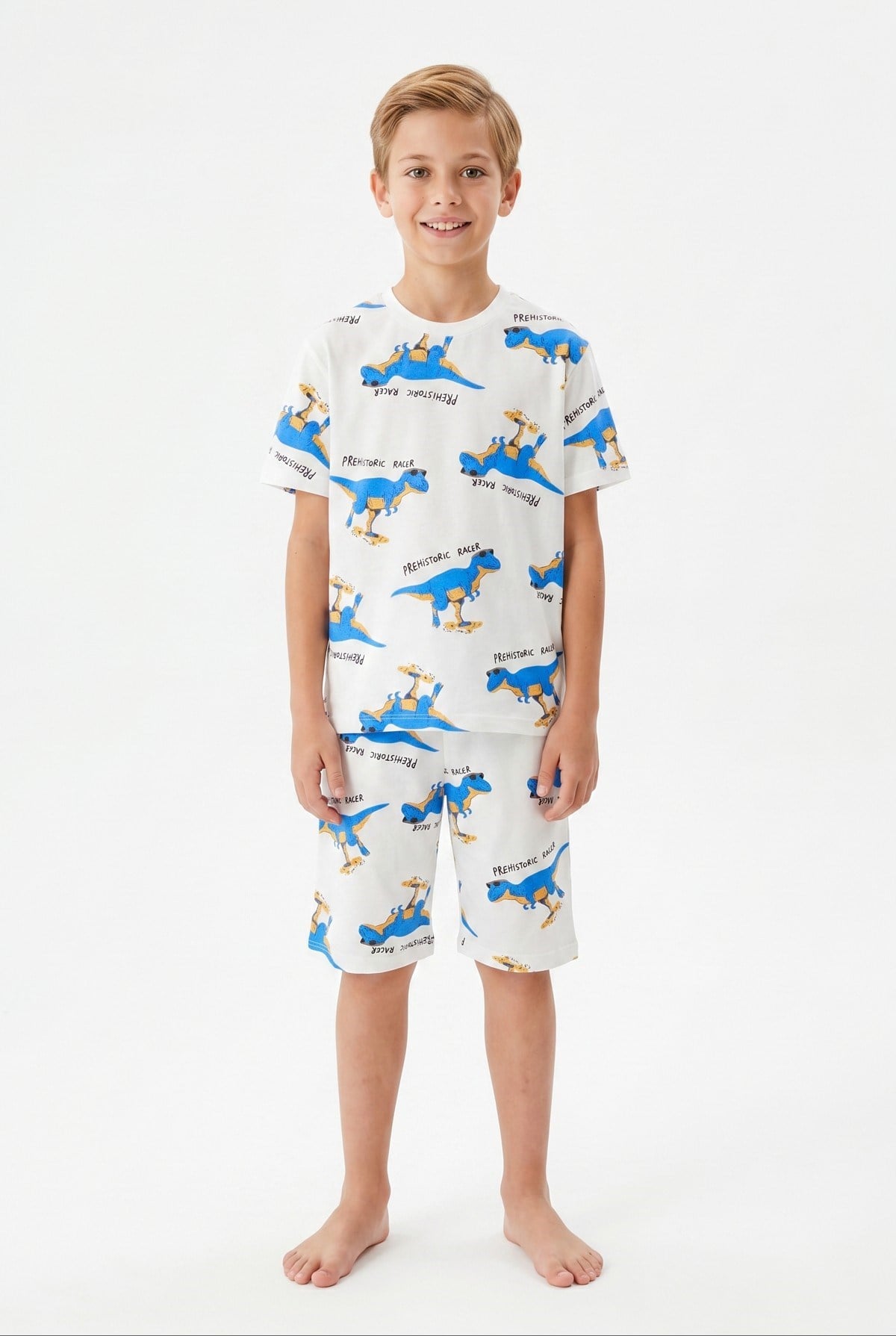 Garson Erkek Çocuk Dinozor Desenli %100 Pamuk Süprem Kumaş Kısa Kollu Şortlu Pijama Takımı