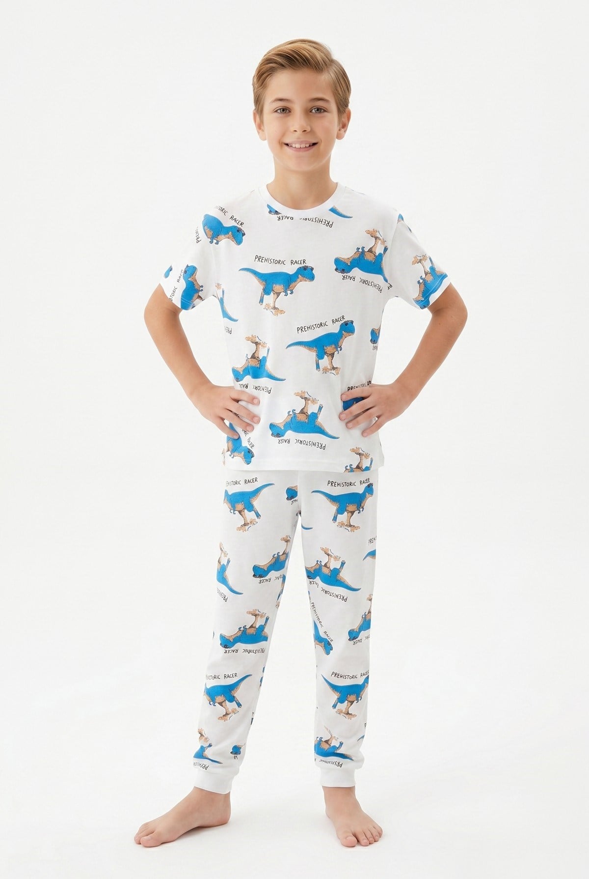 Garson Erkek Çocuk Dinozor Desenli %100 Pamuk Süprem Kumaş Kısa Kollu  Pijama Takımı