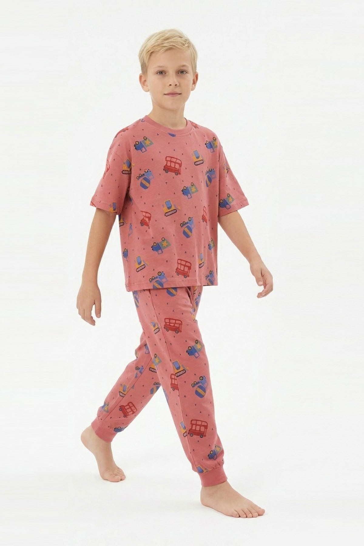 Garson Erkek Çocuk İş Makineleri ve Araç Desenli %100 Pamuk Reaktif Boyalı Süprem Kumaş Kısa Kollu Pijama Takımı