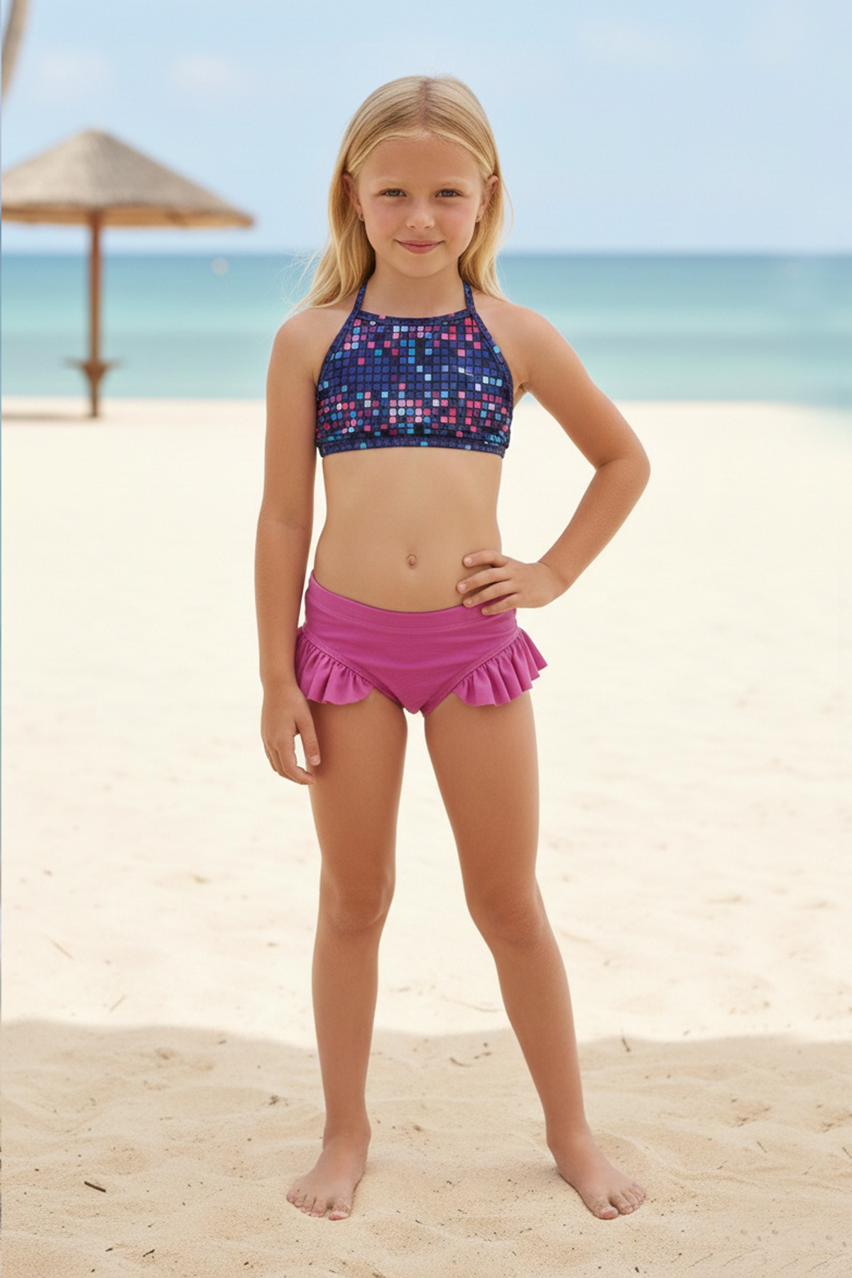 Garson Kız Çocuk Kareli Dijital Baskılı Halter Yaka Bikini Üstü ve Yanları Fırfırlı Bikini Altı İkili Takım