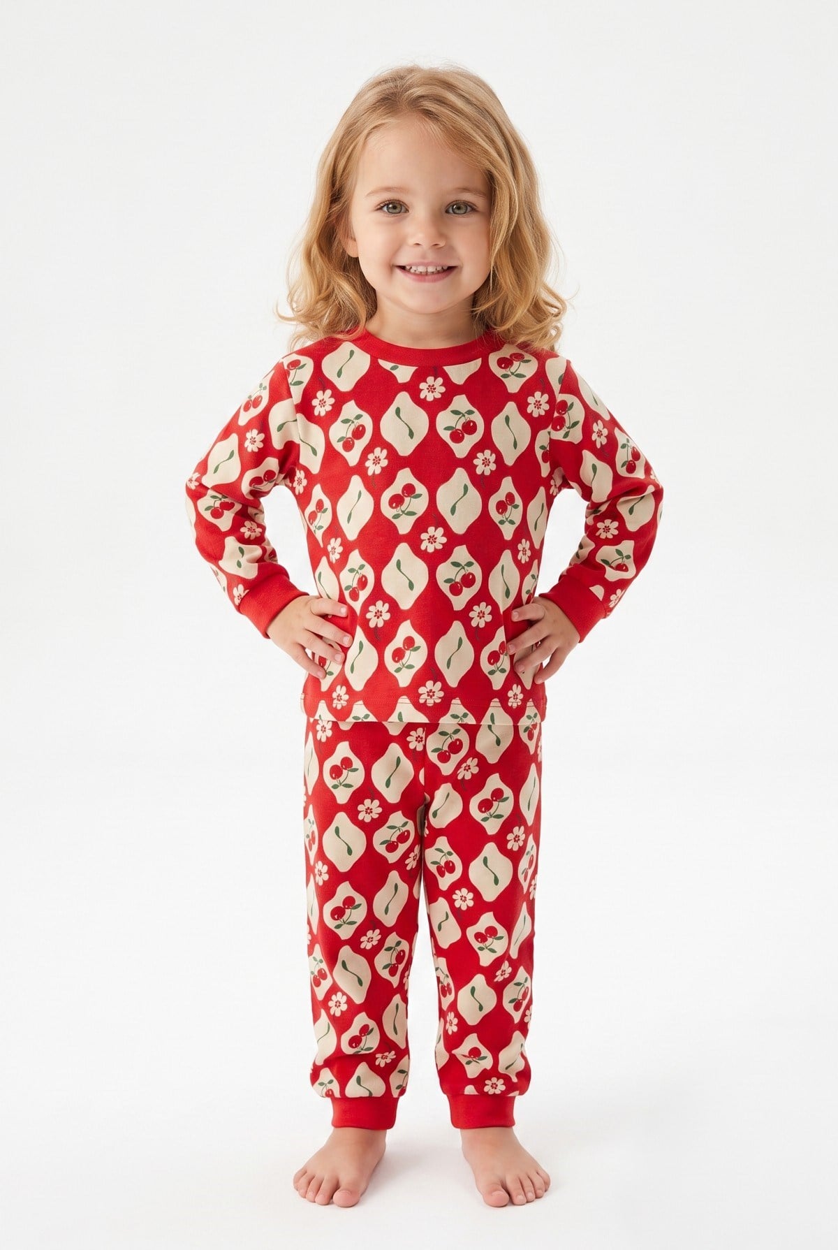 Kız Bebek Baskılı  %100 Pamuk Süprem Kumaş Reaktif Boyama Uzun Kollu Pijama Takımı