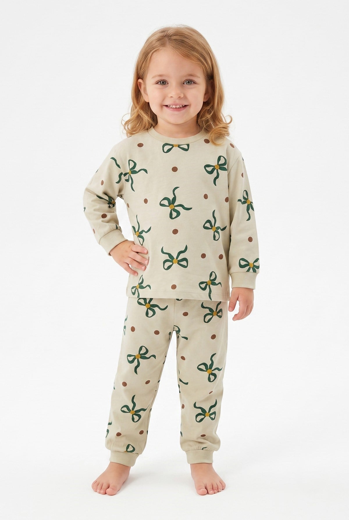Kız Bebek Baskılı  %100 Pamuk Süprem Kumaş Reaktif Boyama Uzun Kollu Pijama Takımı