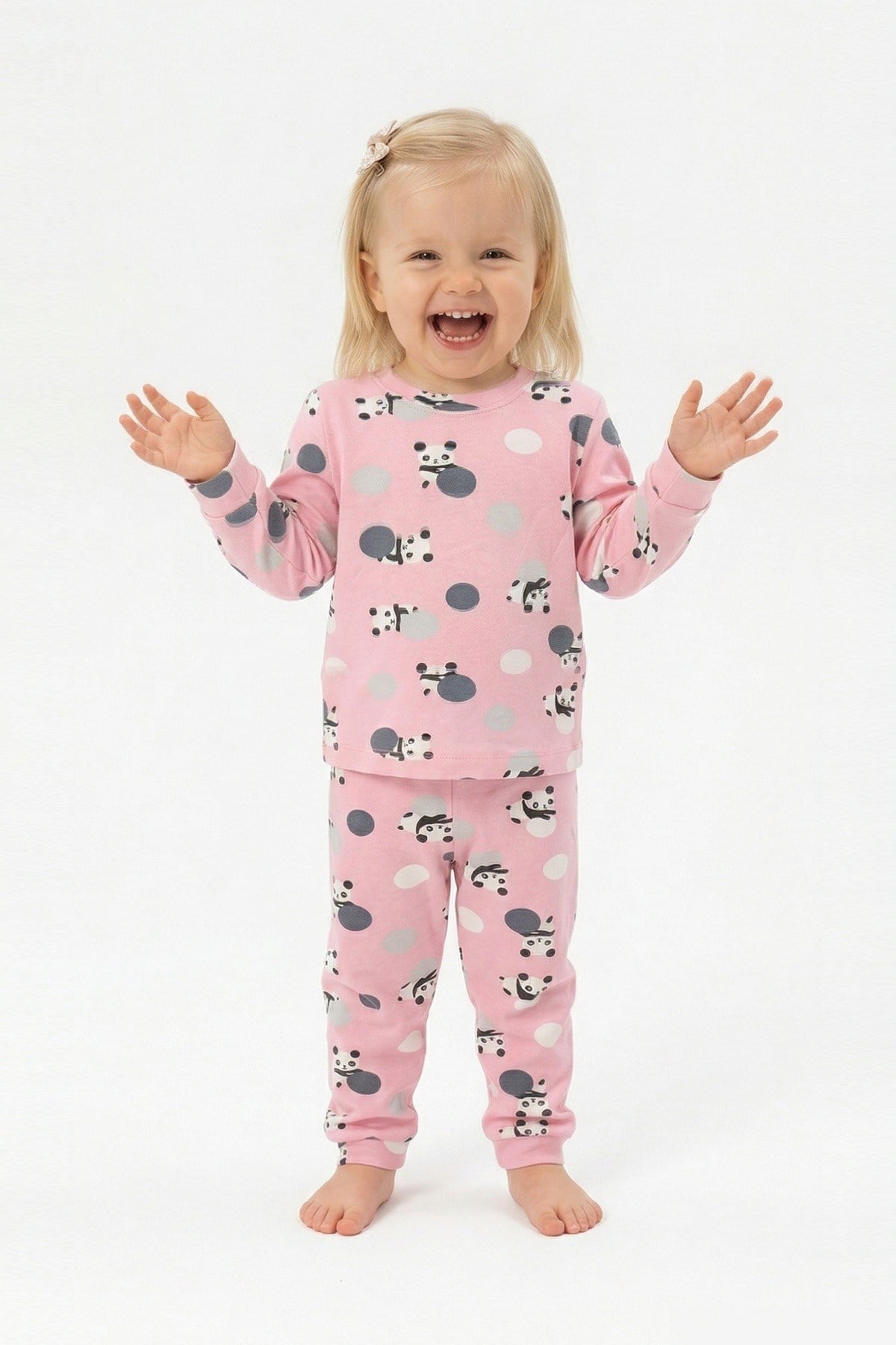 Kız Bebek Panda ve Puantiye Desenli %100 Pamuk Süprem Kumaş Uzun Kollu Pijama Takımı
